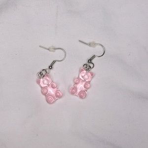 Handmade pink gummy bear earrings.